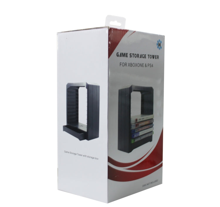 Game storage tower retail box for Xbox One & PS4, shows tower and discs