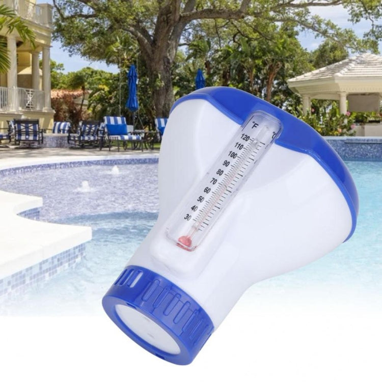Floating pool thermometer with angled tube, showing Fahrenheit scale and red bulb
