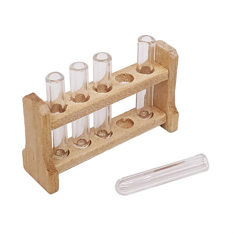 Miniature wooden double test-tube rack with clear glass tubes and one loose tube