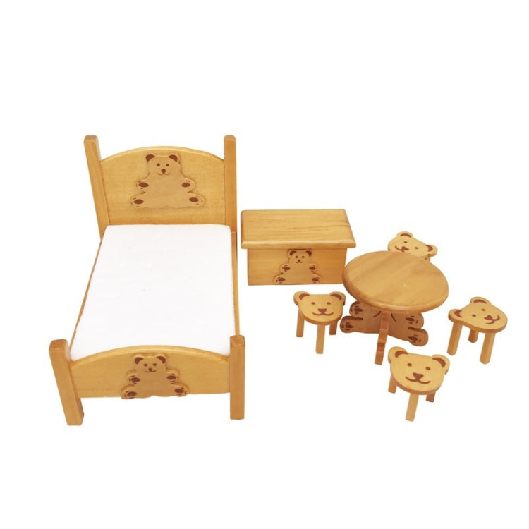 Mini bear bed set with white-mattress twin bed, side table, round table, and four stools