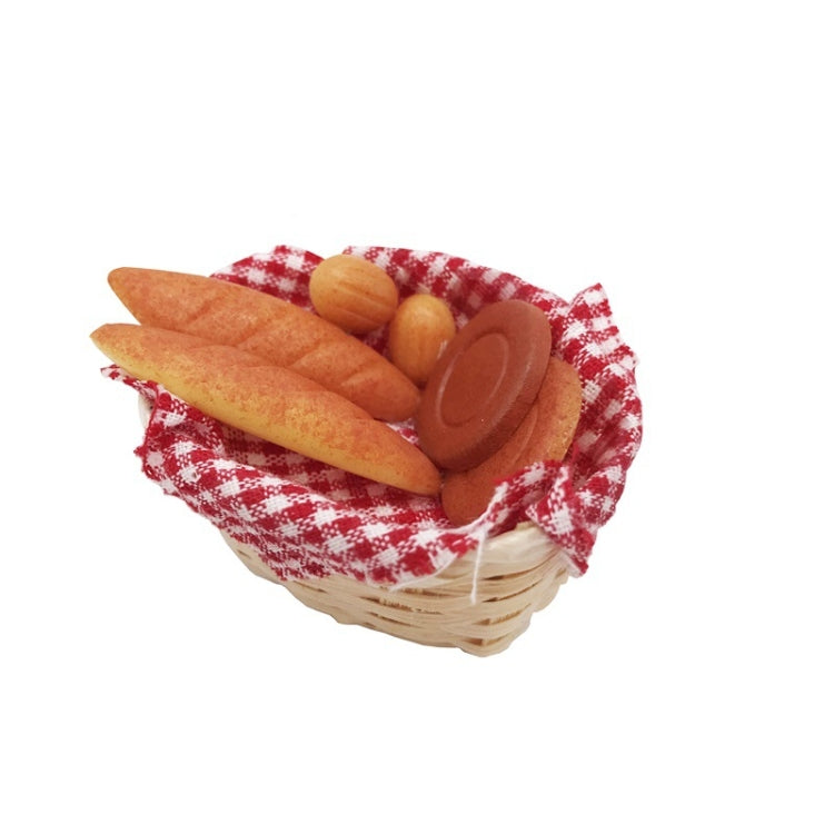 Mini dollhouse bread basket with red plaid liner, orange bread slices and round roll