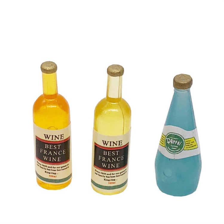 Mini wine drink toy set with three bottles: two yellow wine and one blue drink