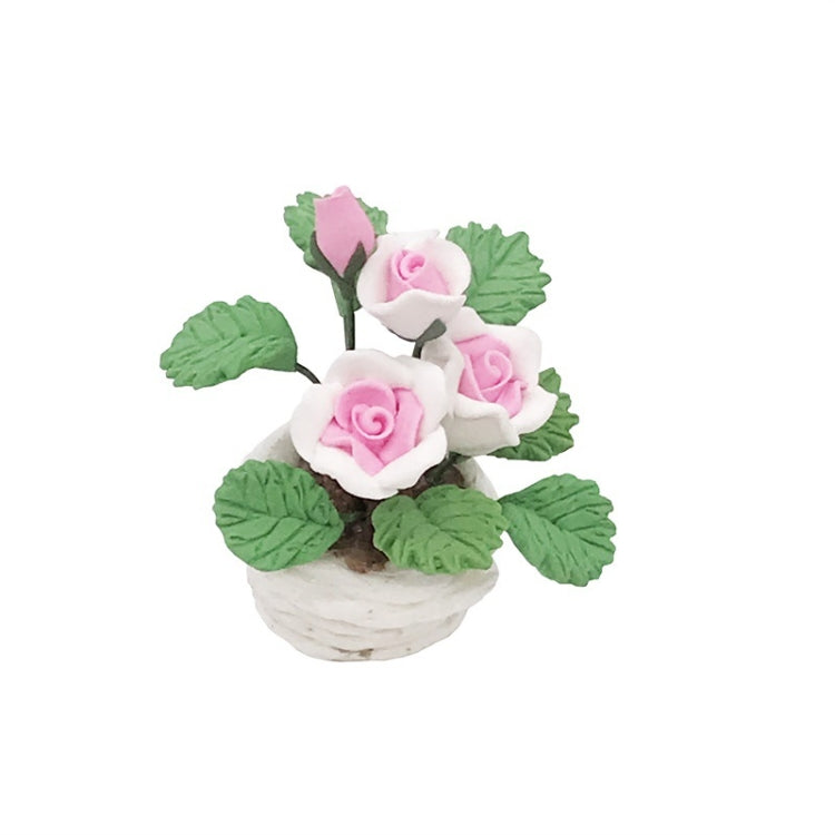 Mini potted rose ornament with pink-and-white blooms, green leaves, in a white stone pot