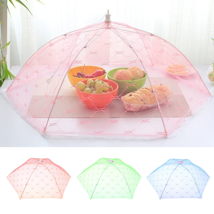 Pink lace folding dish cover with mesh dome; also shows green and blue options