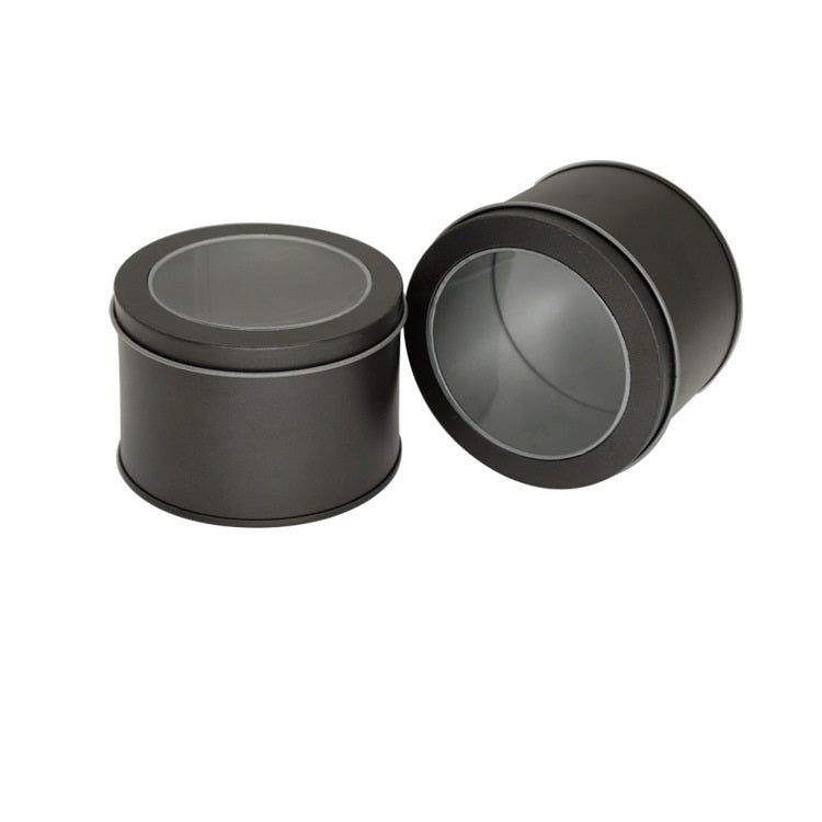 Dark gray round tin food can with clear window top lid, two-piece view