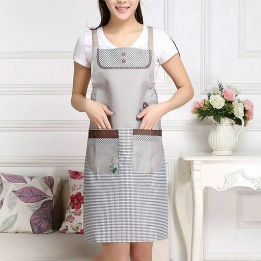 Home Adult Sleeveless Waterproof Grid Anti-oil Aprons with Double Pocket