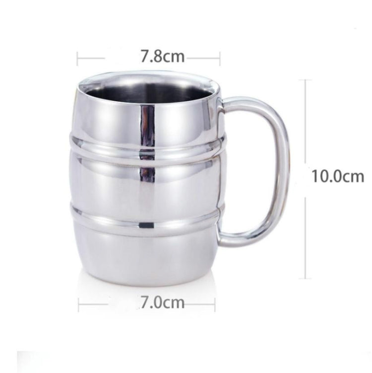 Stainless steel beer mug with handle, shown with 7.8 cm by 10 cm dimensions.