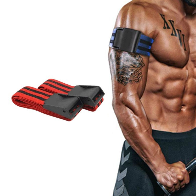 Red striped arm fitness restriction band with black buckle worn on upper arm