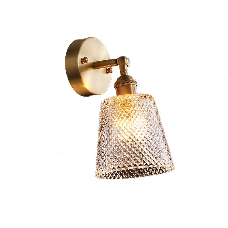 All-copper single-head crystal wall lamp with round backplate and faceted glass shade