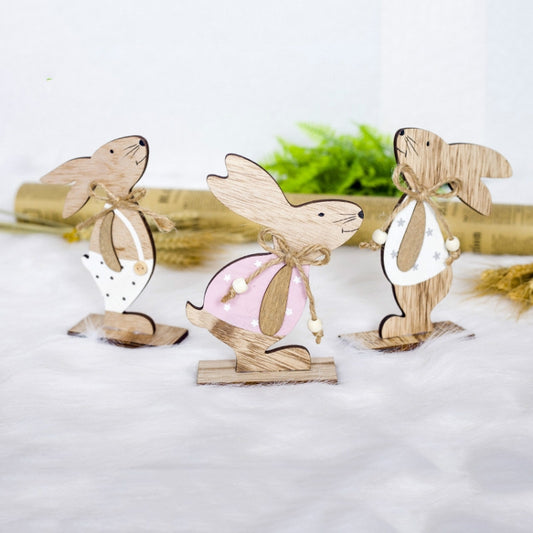 2 PCS Creative Easter Home Wooden Rabbit Decorative Ornaments, Powdered Flower, White Fower, White Spotted