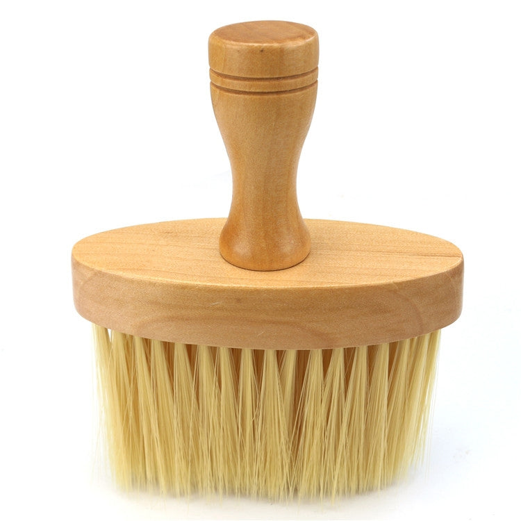 Round wooden hair cleaning brush head with soft bristles and upright handle