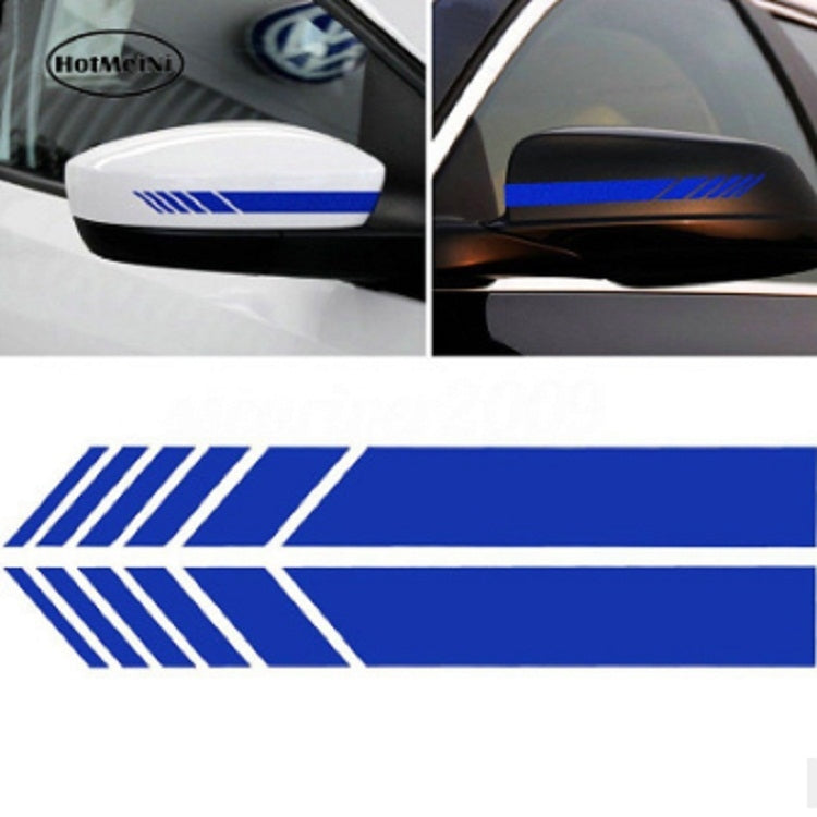 Rearview mirror sticker strip with blue diagonal stripes on white and black mirror covers
