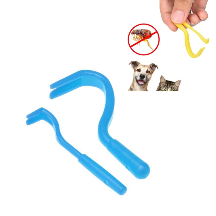 Pet flea and tick extractor, blue U-shaped plastic hooks held above pet photos