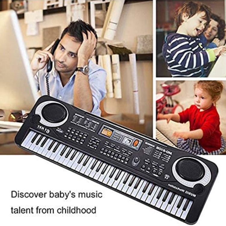 Children electronic piano keyboard shown in use with family, black 61-key instrument