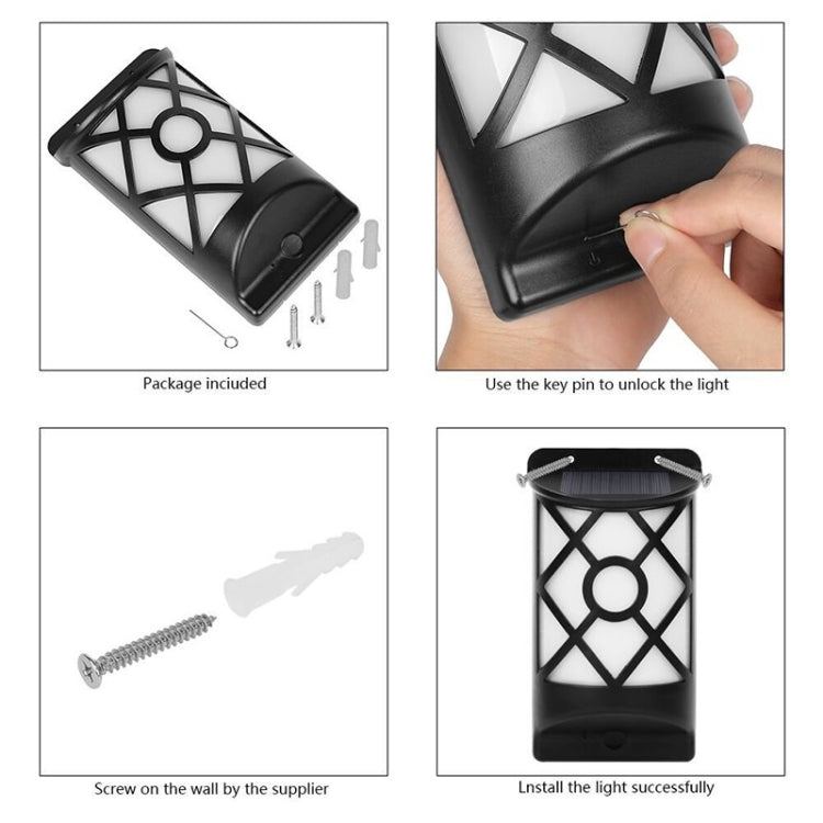 Solar wall lamp installation steps with screws, key, and mounting view of lamp