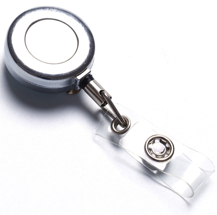 Retractable key chain clip with silver round reel, black cord, and clear badge holder