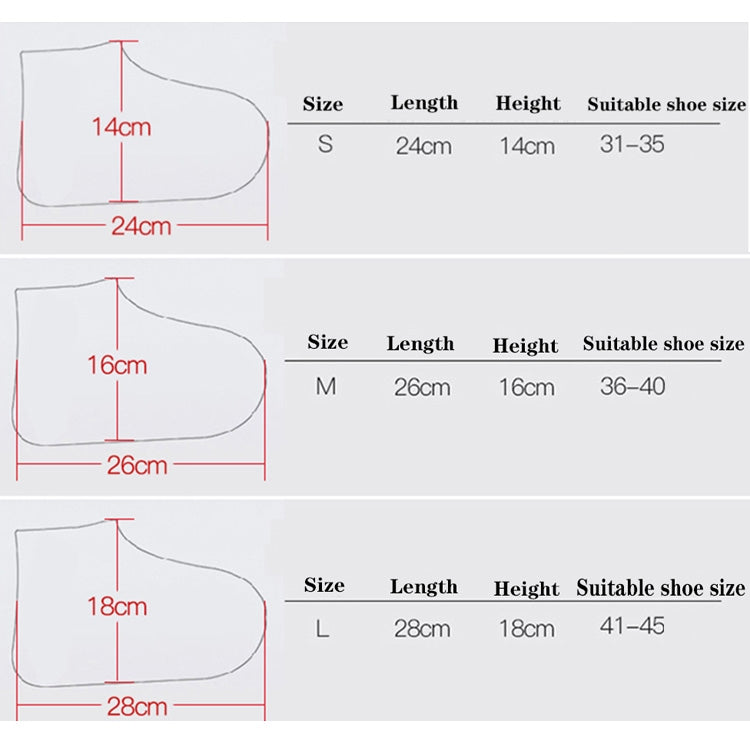 Size chart for waterproof shoe covers: S, M, L with length and height