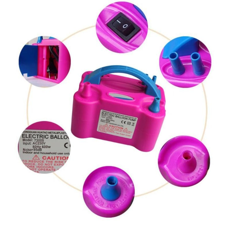Pink electric balloon pump with switch and two blue balloon adapters, dual-hole nozzles