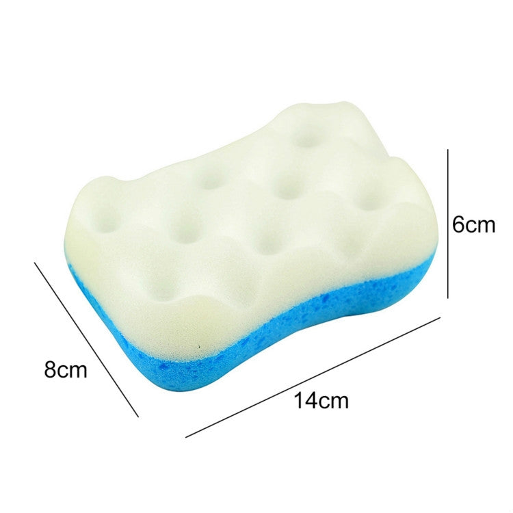 Bath sponge dimensions 14cm x 8cm x 6cm, pale cream bump texture with blue base