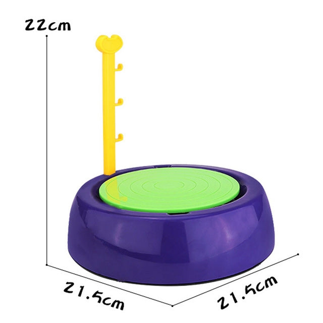 Blue mini pottery wheel with green spinning pad and yellow handle, size diagram