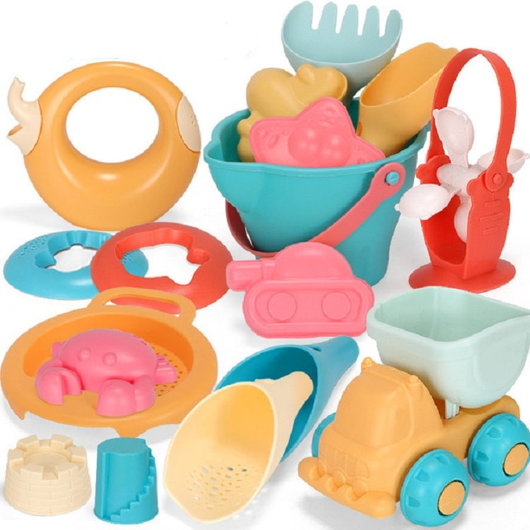Silicone water toy set with bucket, animal molds, scoops, and red sprinkler-style toy