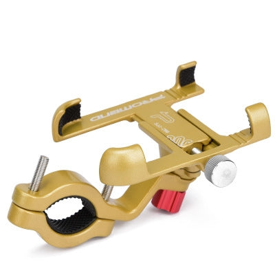 Gold 360° aluminum bike phone holder clamp with adjustable arm and mounting hardware