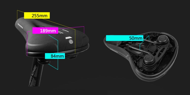 PROMEND bicycle saddle dimension diagram: 255mm, 189mm, 84mm, 50mm cutaway