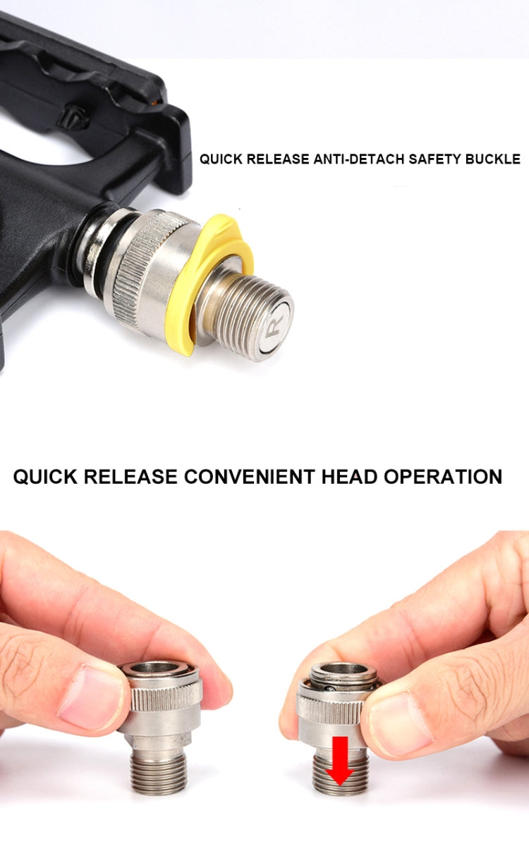 Close-up of bike pedal quick-release axle with yellow ring; hands press and remove