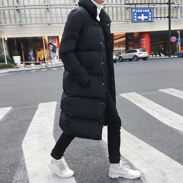 Men's long black down puffer jacket with hood and button front, quilted insulated coat