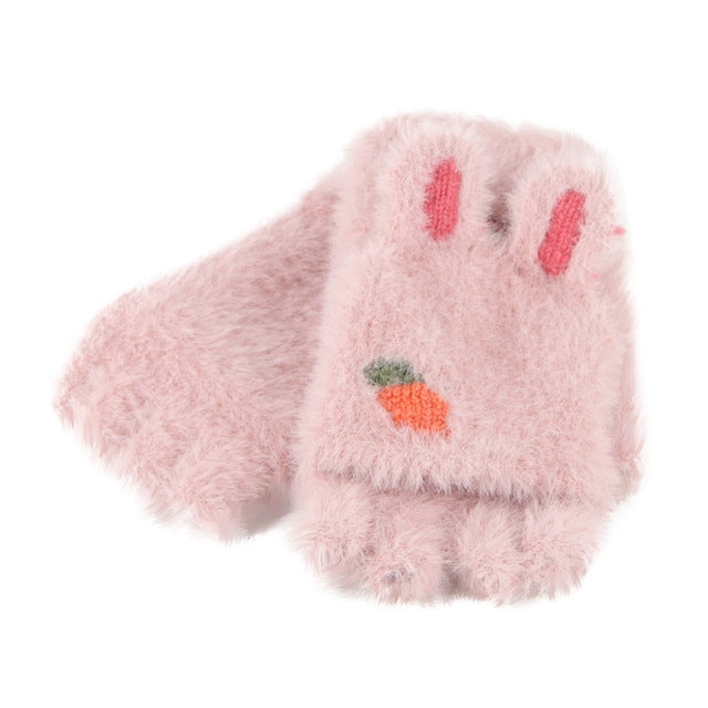 Children Half Finger Gloves Knitted Cold Warm Plus Velvet Fingerless Gloves