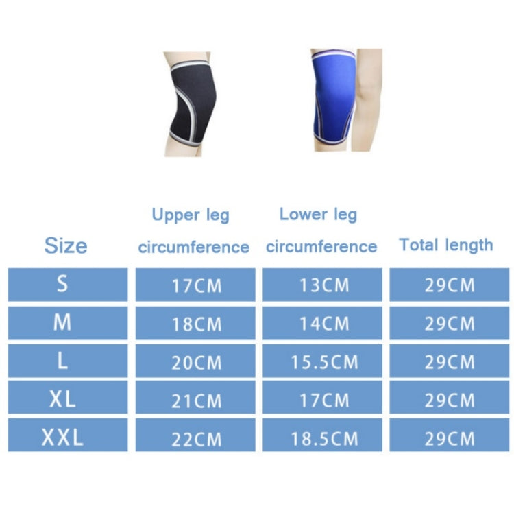 Knee pad size chart with upper and lower leg circumference and total length.
