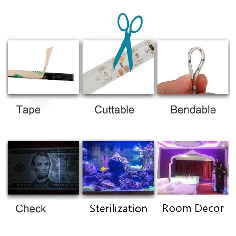 Purple UV LED tape layout showing cuttable and bendable use icons