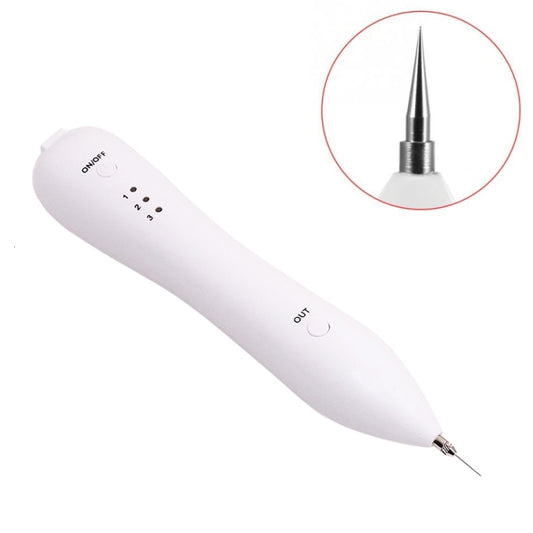White handheld spot remover pen with pointed metal tip and power buttons.