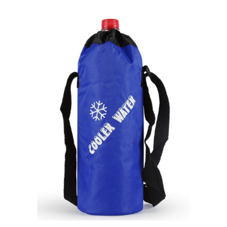 Blue cylindrical insulated drink ice bag with black drawstring top, straps, and cap