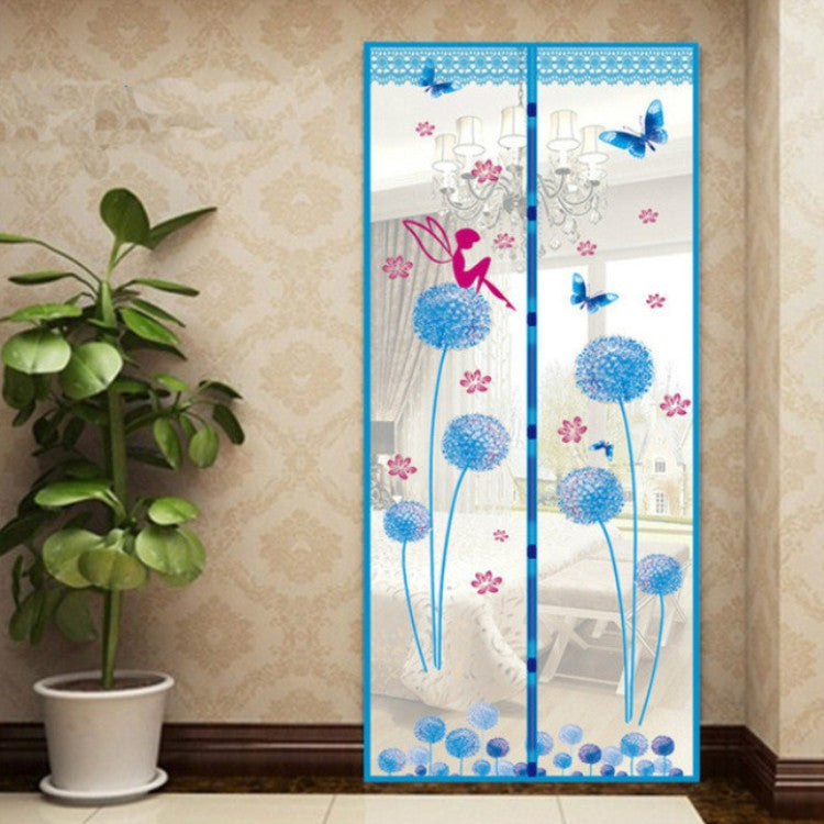 Magnetic soft screen door curtain with blue floral and butterfly print, full panel view.