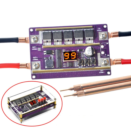 Spot-welding control board with orange LED display, pins, and an inset wiring view