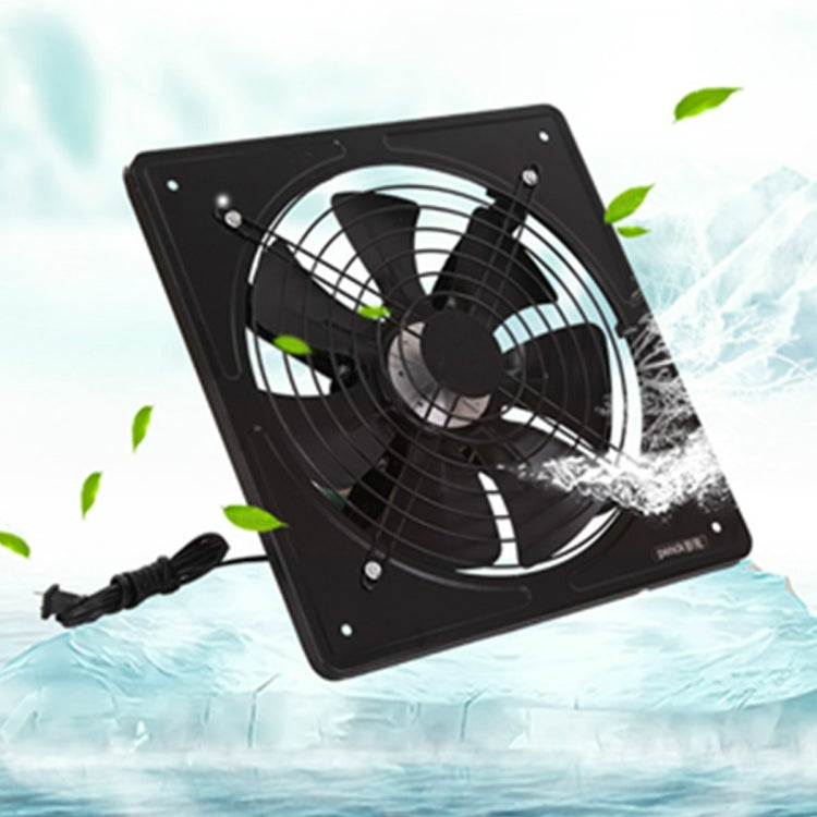 Black square exhaust fan with front grille, angled frame, and power cord
