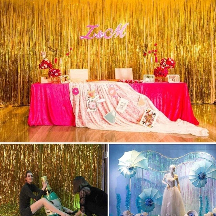 Gold laser foil fringe curtain backdrop with sparkling vertical strands for parties
