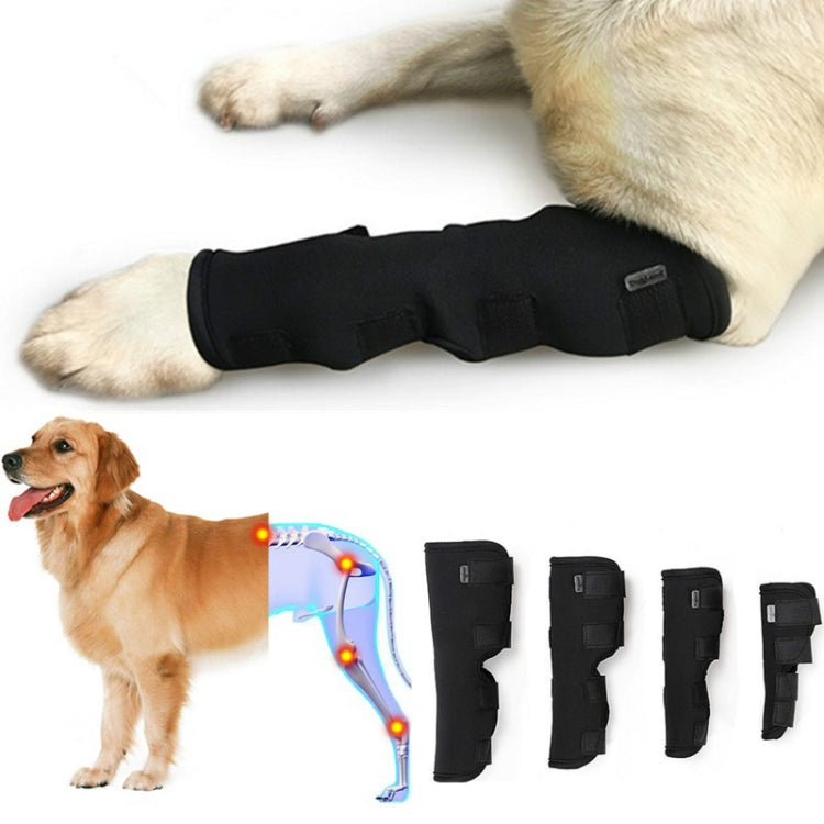Black dog hock brace wrap with adjustable straps for rear leg support.