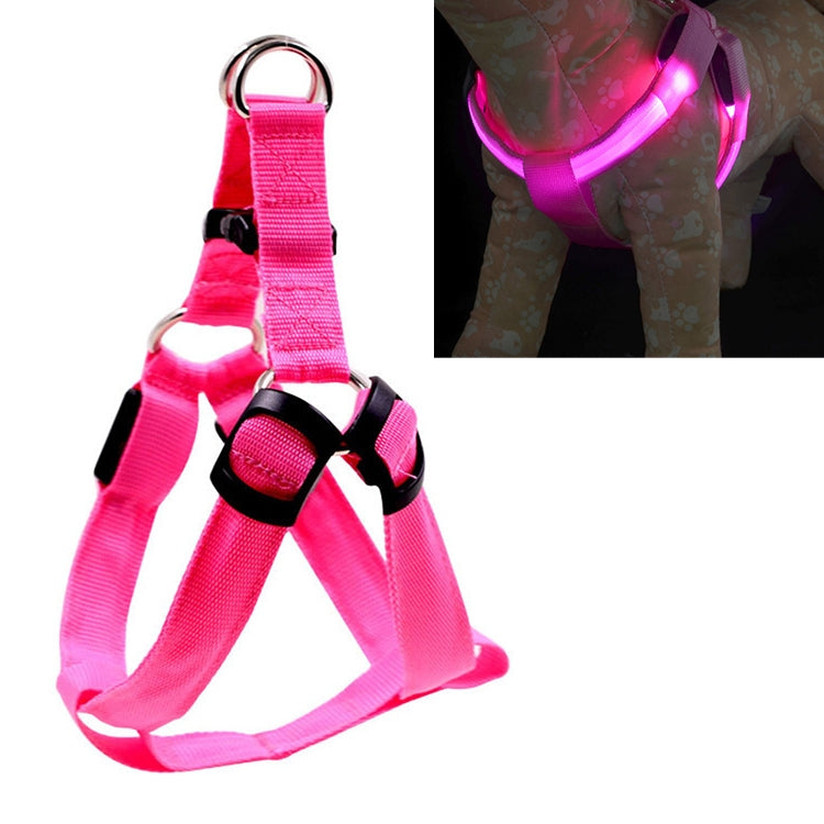 Pink nylon pet harness with double-sided LED chest light, metal leash clip and rings