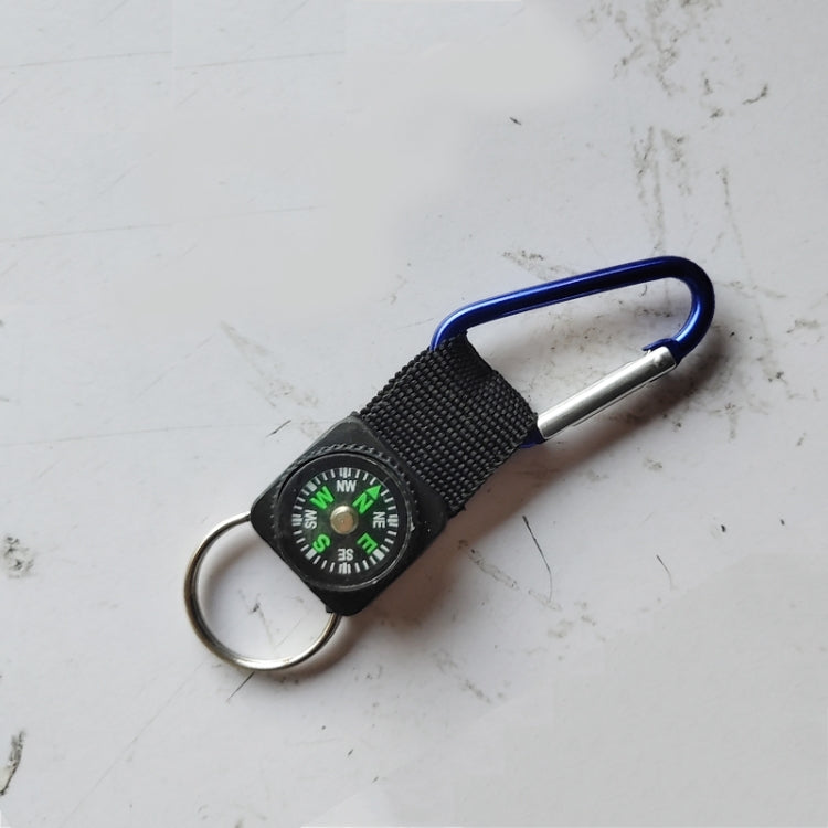 Mini carabiner keychain with compass, blue metal hook and black webbing strap