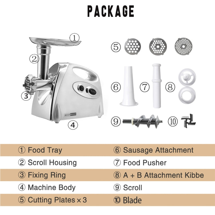 Meat grinder package contents: food tray, plates, blade, sausage and kibbe attachments