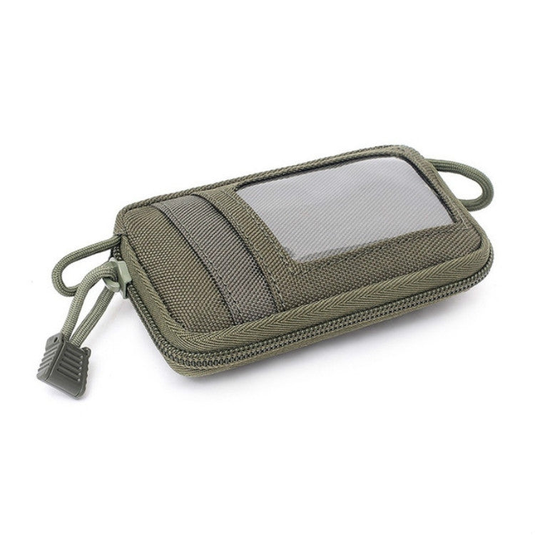 Army green zip coin purse with card slots and clear ID window, wrist strap