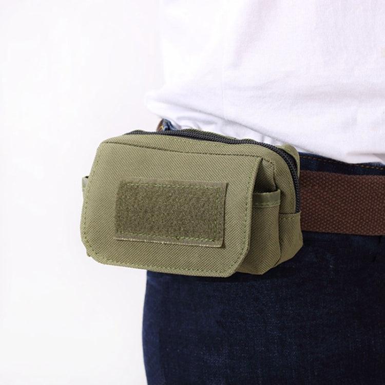 Olive waist pouch bag worn on a belt, with front hook-and-loop patch and zipper.