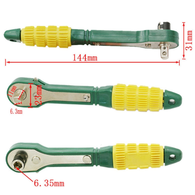 Mini quick ratchet wrench with green and yellow design, 144mm length shown