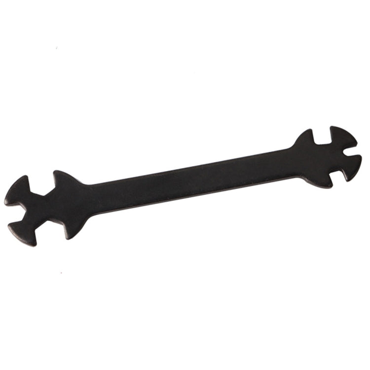Multi-size hand wrench tool, black metal with opposing jaw ends and size markings