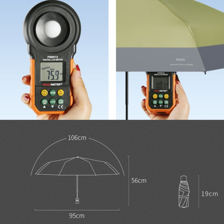 Light yellow-green folding umbrella canopy with black handle and ribs