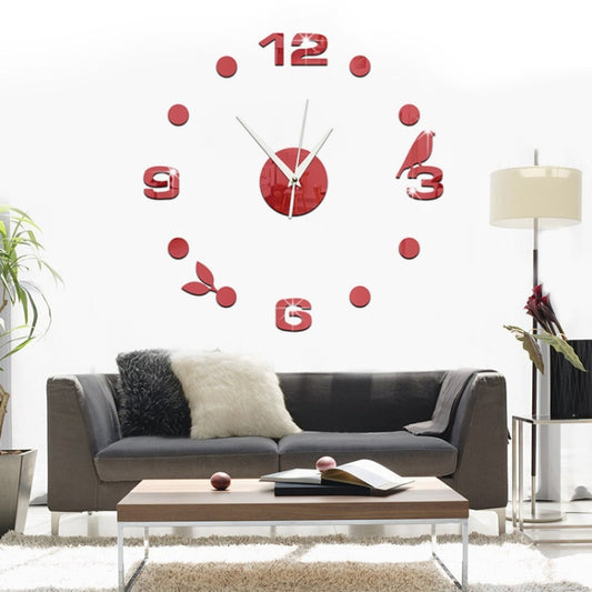 Red wall clock sticker set with raised numbers, clock hands, and bird-and-leaves accents