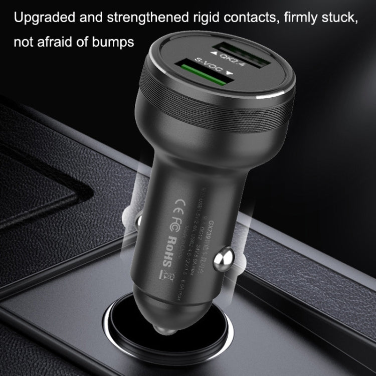 Dual USB fast car charger with LED, black cylindrical plug