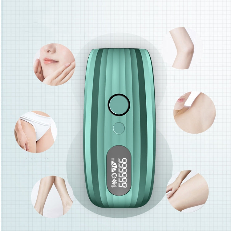 Green handheld IPL hair removal device with LED display and treatment head